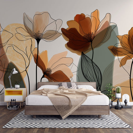 Une chambre moderne avec un papier peint floral aux teintes chaudes et douces, représentant de grandes fleurs stylisées sur un fond apaisant.