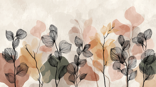 Papier peint floral abstrait Feuilles délicates aux contours noirs sur fond pastel