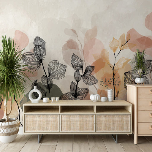 Un salon contemporain avec un papier peint aux motifs floraux stylisés en noir et des teintes douces de beige et rose, créant une atmosphère apaisante et élégante.
