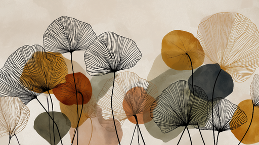 Papier peint floral abstrait Feuilles délicates en noir et tons chauds