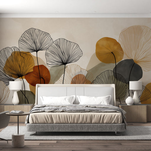 Une chambre moderne avec un papier peint artistique représentant des feuilles aux lignes délicates en noir, orange et vert, créant une ambiance chaleureuse et apaisante.