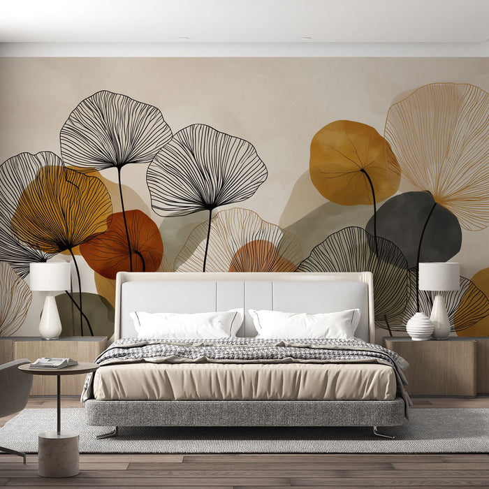Une chambre moderne avec un papier peint artistique représentant des feuilles aux lignes délicates en noir, orange et vert, créant une ambiance chaleureuse et apaisante.