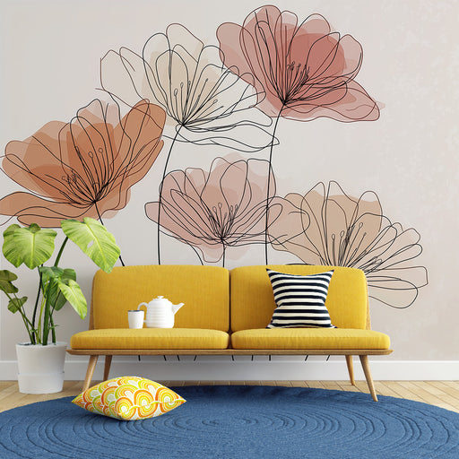 Un salon moderne avec un papier peint floral aux contours délicats et aux teintes pastel, créant une atmosphère douce et apaisante.