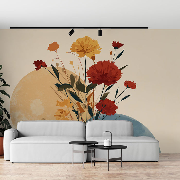 Un salon contemporain avec un papier peint floral aux teintes chaudes, représentant des fleurs rouges et jaunes sur un fond beige, créant une atmosphère accueillante et lumineuse.