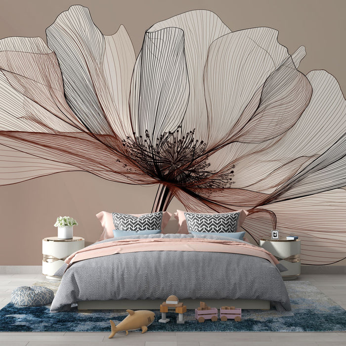Une chambre moderne avec un papier peint représentant une grande fleur stylisée aux lignes délicates et aux teintes douces, créant une atmosphère apaisante et élégante.