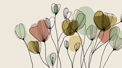 Papier peint floral abstrait Fleurs délicates aux lignes fines et couleurs douces