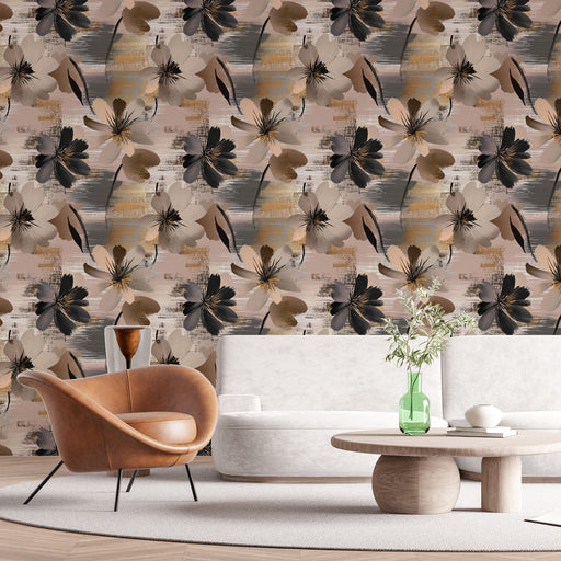 Un salon contemporain avec un papier peint floral aux teintes douces de beige, noir et or, créant une atmosphère élégante et chaleureuse.