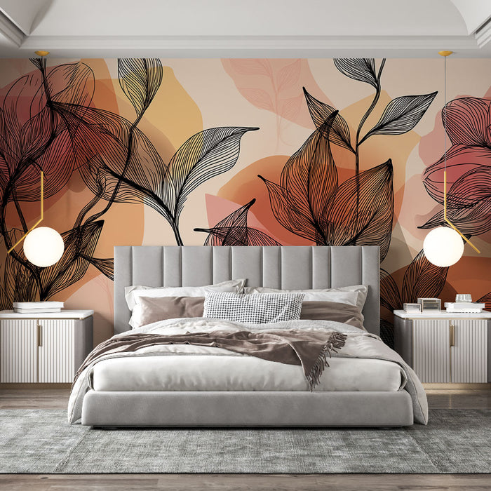 Une chambre élégante avec un papier peint aux motifs de feuilles stylisées en noir sur un fond aux teintes chaudes, créant une atmosphère apaisante et moderne.