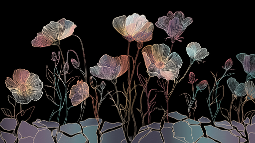 Papier peint floral abstrait Motif de fleurs aux lignes délicates sur fond noir