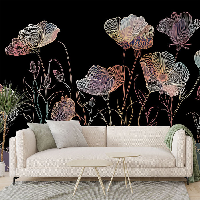 Un salon moderne avec un papier peint floral aux lignes délicates sur fond noir, créant une ambiance élégante et artistique.