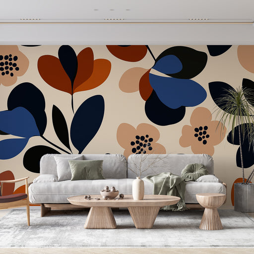Papier peint floral abstrait avec motif de fleurs et feuilles aux couleurs riches pour salon moderne