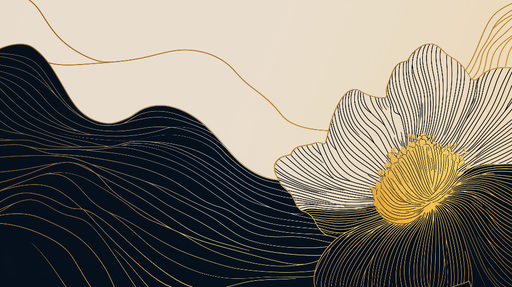 Papier peint floral abstrait avec motif ondulé et fleur dorée et noire pour décoration murale élégante