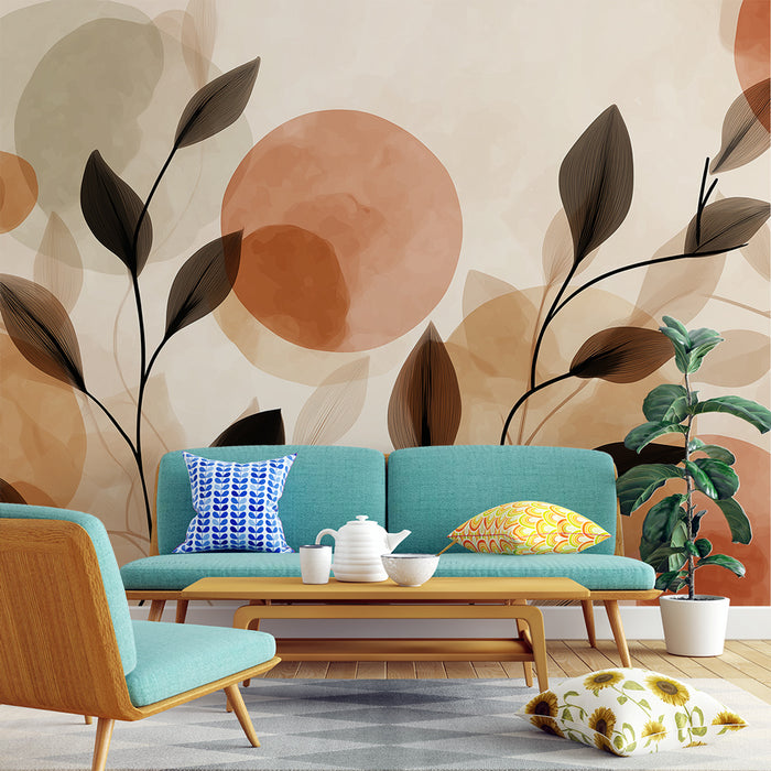 Un salon contemporain avec un papier peint aux motifs de feuilles stylisées et de cercles aux teintes douces, créant une ambiance chaleureuse et apaisante.