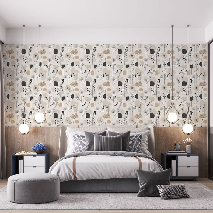 Une chambre moderne avec un papier peint floral aux motifs délicats dans des teintes beige, noir et blanc, créant une atmosphère douce et apaisante.