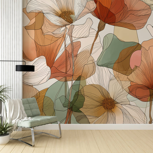 Une pièce moderne avec un papier peint floral aux teintes douces et chaudes, représentant des fleurs stylisées dans des nuances de beige, orange et vert, créant une atmosphère apaisante et élégante.