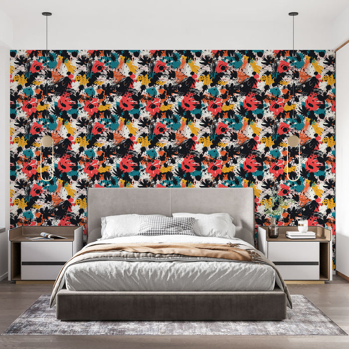 Une chambre moderne avec un papier peint floral aux couleurs vives, mêlant rouge, turquoise et jaune sur fond noir, créant une ambiance dynamique et joyeuse.