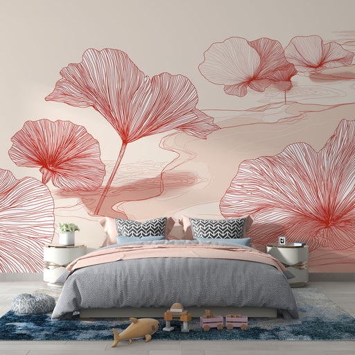 Une chambre moderne avec un papier peint aux motifs de grandes feuilles rouges stylisées sur fond clair, créant une ambiance douce et apaisante.
