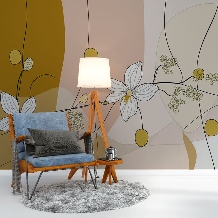 Une chambre accueillante avec un papier peint aux motifs floraux stylisés dans des teintes douces de beige et de jaune, créant une atmosphère apaisante et moderne.