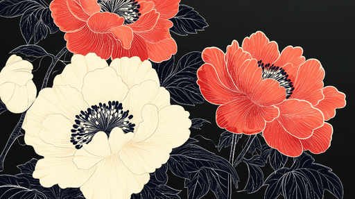 Papier peint floral Anémones Rouges et Blanches sur Fond Noir