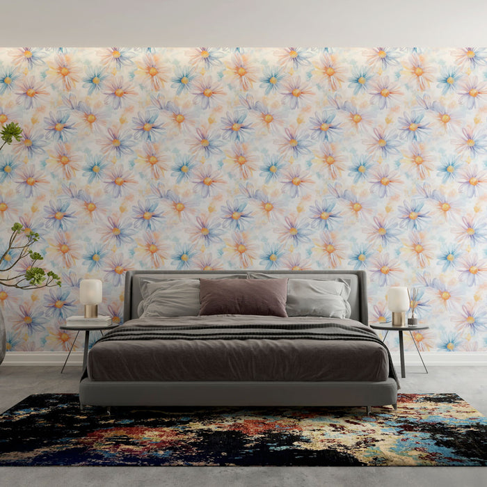 Une chambre moderne avec un papier peint floral aux motifs délicats de fleurs pastel, créant une atmosphère douce et apaisante.