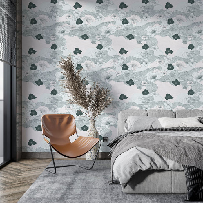 Une chambre moderne avec un papier peint aux motifs floraux délicats dans des teintes de bleu et vert, créant une atmosphère apaisante et élégante.
