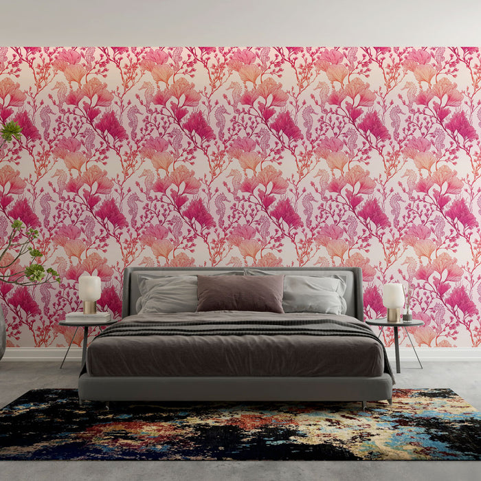 Une chambre moderne avec un papier peint floral aux teintes roses et orangées, créant une ambiance chaleureuse et accueillante.
