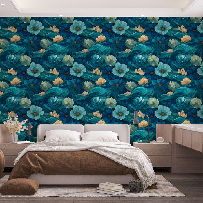 Une chambre moderne avec un papier peint floral bleu profond et vert, orné de grandes fleurs et de feuilles, créant une ambiance apaisante et élégante.