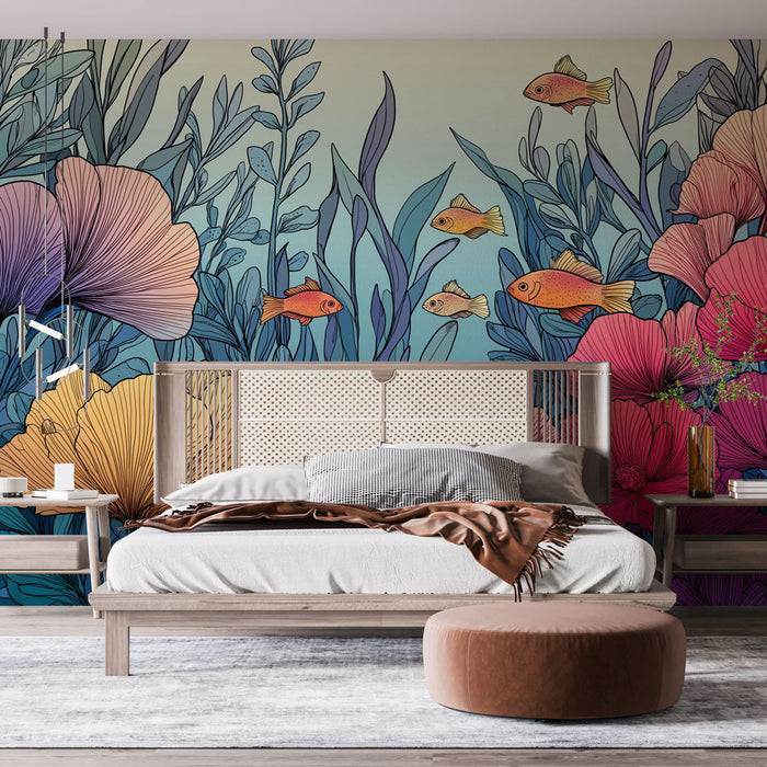 Une chambre moderne avec un papier peint floral coloré représentant des fleurs et des poissons sur un fond dégradé apaisant, créant une atmosphère vivante et joyeuse.