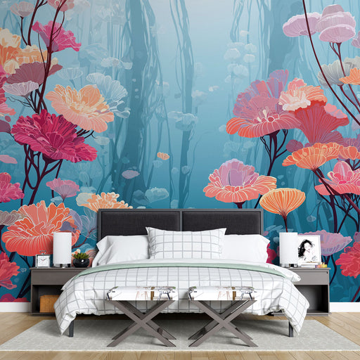 Une chambre moderne avec un papier peint aquatique aux motifs floraux colorés, créant une atmosphère apaisante et rêveuse.