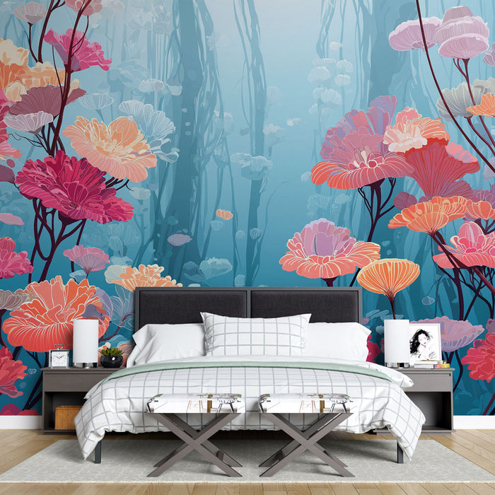 Une chambre moderne avec un papier peint aquatique aux motifs floraux colorés, créant une atmosphère apaisante et rêveuse.