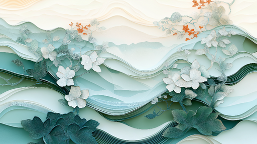 Papier peint floral aquatique Vagues délicates et fleurs stylisées