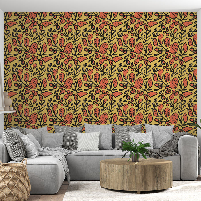 Un salon moderne avec un papier peint floral aux motifs rouges et noirs sur fond beige, créant une ambiance chaleureuse et accueillante.