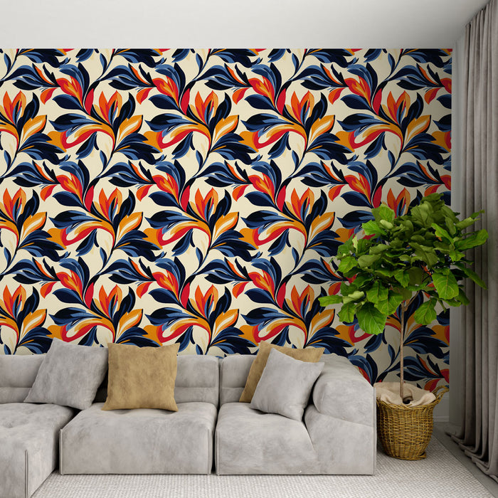 Un salon moderne avec un papier peint floral aux motifs vibrants de fleurs rouges, oranges et bleues sur fond crème, créant une ambiance chaleureuse et dynamique.