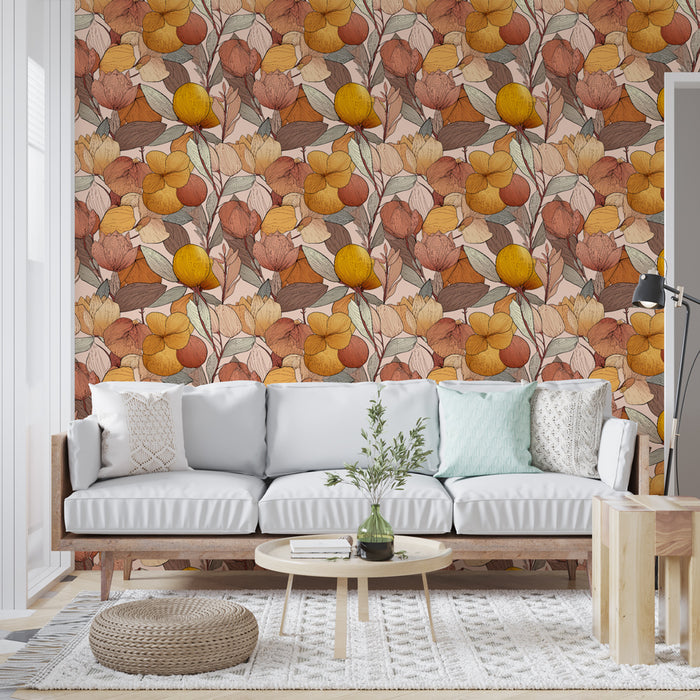 Un salon moderne avec un papier peint floral aux teintes chaudes de rouge, orange et jaune, créant une ambiance chaleureuse et accueillante.
