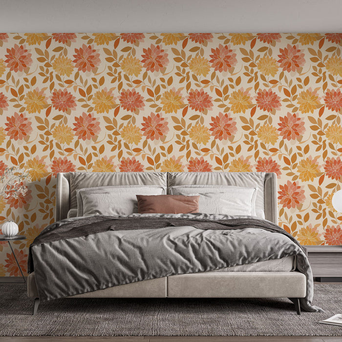 Une chambre moderne avec un papier peint floral aux teintes chaudes d'orange et de jaune, créant une atmosphère accueillante et dynamique.