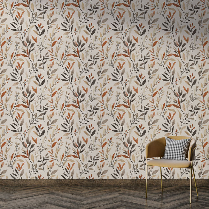Une pièce moderne avec un papier peint floral aux motifs délicats de feuilles et fleurs dans des teintes chaudes de beige, noir et orange, créant une atmosphère accueillante et naturelle.