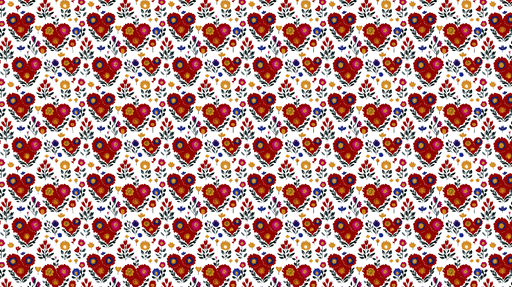 Papier peint floral avec cœurs Motifs colorés de fleurs et coeurs sur fond blanc