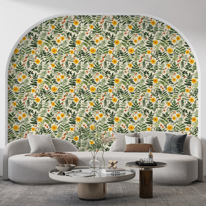 Un salon moderne avec un papier peint floral vibrant aux motifs de fleurs jaunes et feuillages verts, créant une ambiance fraîche et accueillante.