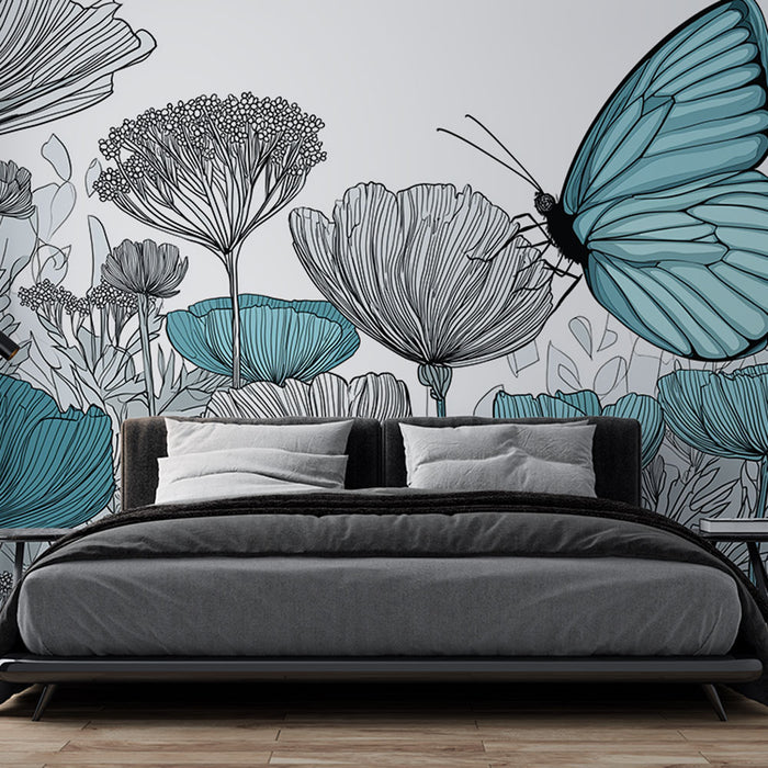Une chambre moderne avec un papier peint floral noir et turquoise représentant de grandes fleurs et un papillon, créant une ambiance fraîche et artistique.