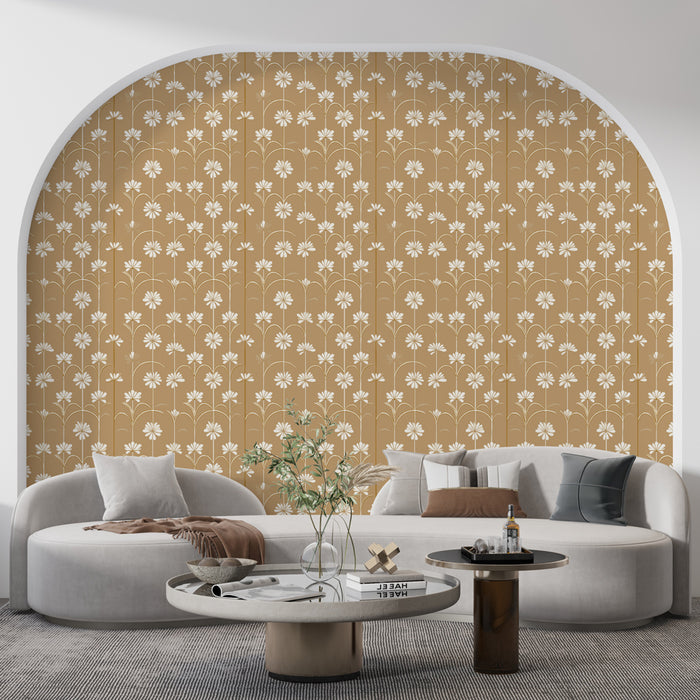 Un salon moderne avec un papier peint floral beige aux motifs délicats de fleurs blanches, créant une atmosphère chaleureuse et accueillante.