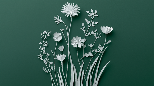 Papier peint floral blanc sur fond vert Design moderne de fleurs découpées en papier