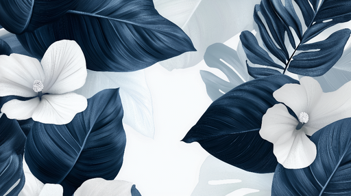 Papier peint floral bleu canard Feuilles et fleurs élégantes en nuances de bleu et blanc