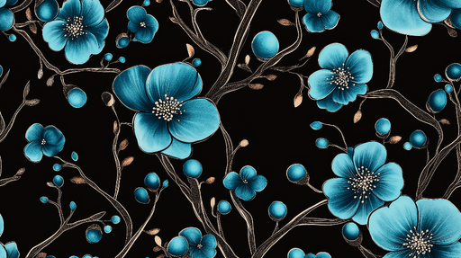 Papier peint floral bleu avec élégance florale sur fond noir pour décoration murale moderne.