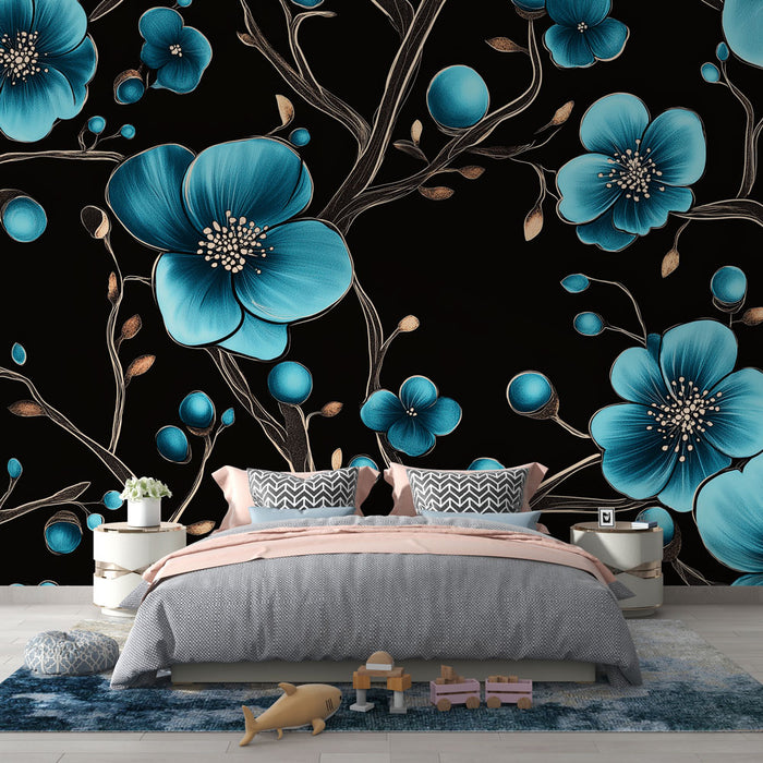 Une chambre moderne avec un papier peint floral bleu vibrant sur fond noir, créant une ambiance élégante et dynamique.