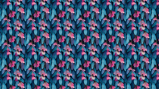 Papier peint floral bleu et rose Feuilles luxuriantes et fleurs délicates sur fond sombre