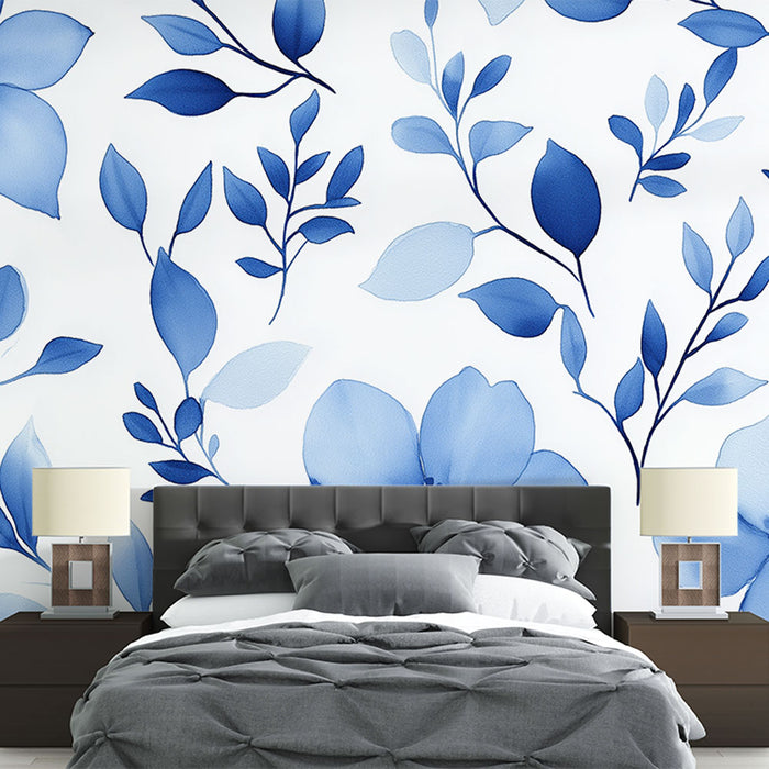 Papier peint floral bleu | Fleurs aquarelle et feuillages sur fond blanc