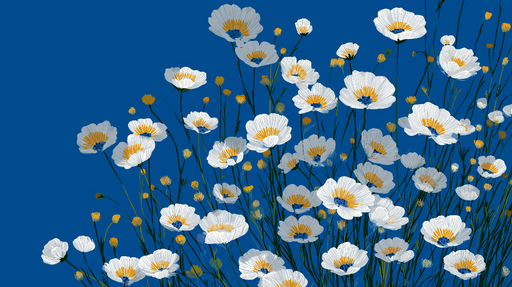 Papier peint floral bleu Fleurs blanches et jaunes sur fond bleu profond