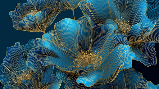 Papier peint floral bleu Fleurs élégantes avec lignes dorées sur fond sombre