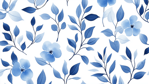 Papier peint floral bleu Fleurs et feuilles en dégradé sur fond blanc