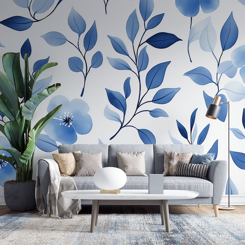 Papier peint floral bleu | Fleurs et feuilles en dégradé sur fond blan ...